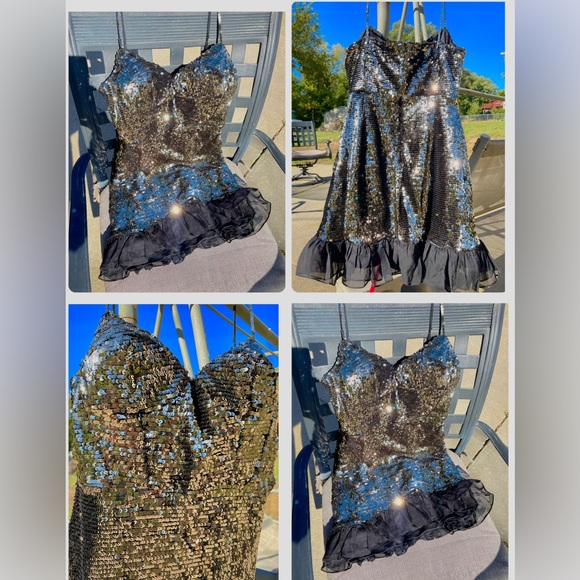 French Connection metallic antique gold blck embellished sequin ruffle NWT HP 6 - Picture 3 of 17